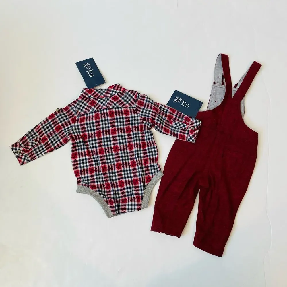 NWT Me & Henry 3/6M Red Overall Set